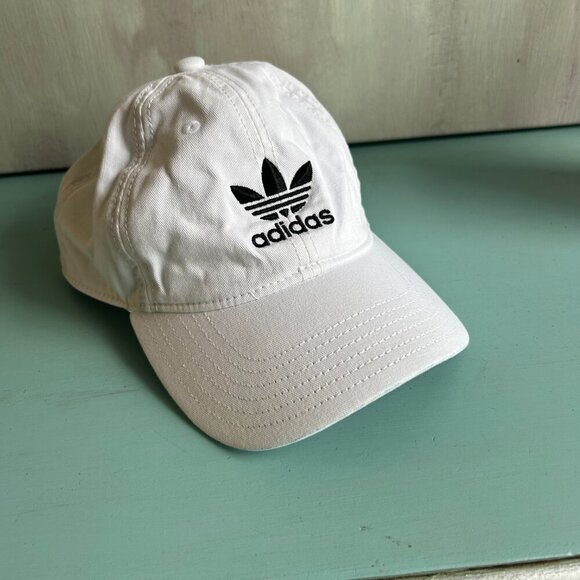 Adidas White TriFoil Logo Baseball Cap OSFM Strapback Mens Cotton Tennis Prep - Picture 4 of 8